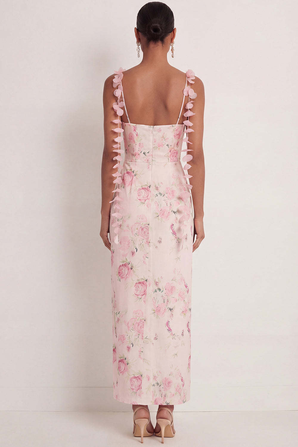 White Pink Floral Mermaid Maxi Wedding Guest Dress with Slit