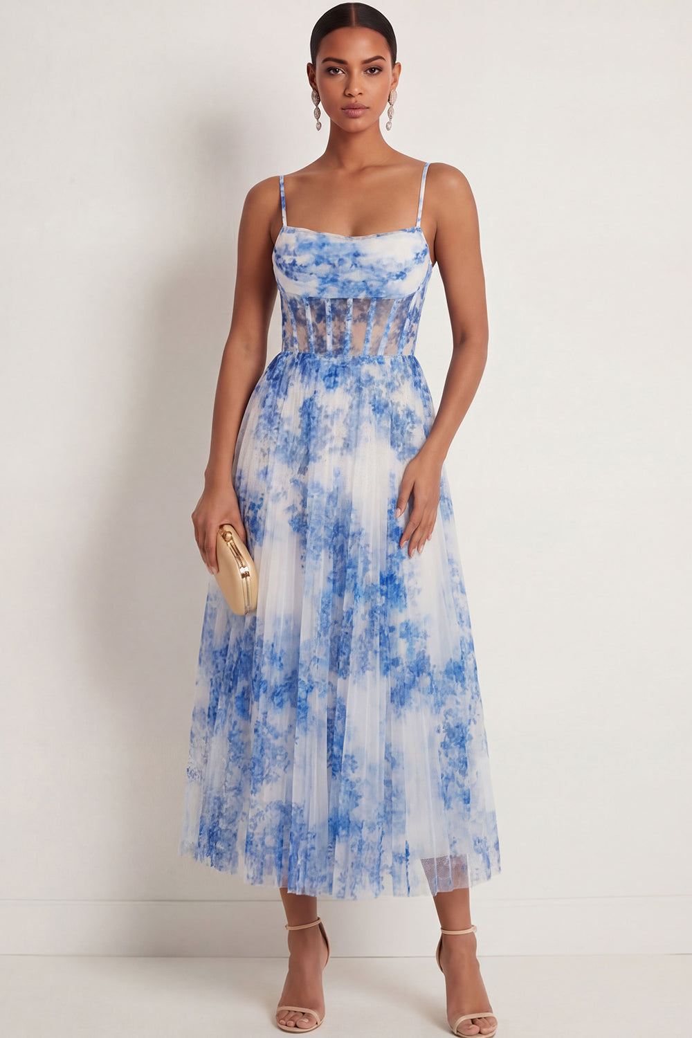 Leely Women White Blue Floral Corset Long Wedding Guest Dress Spaghetti Straps Backless Sleeveless Formal Dress