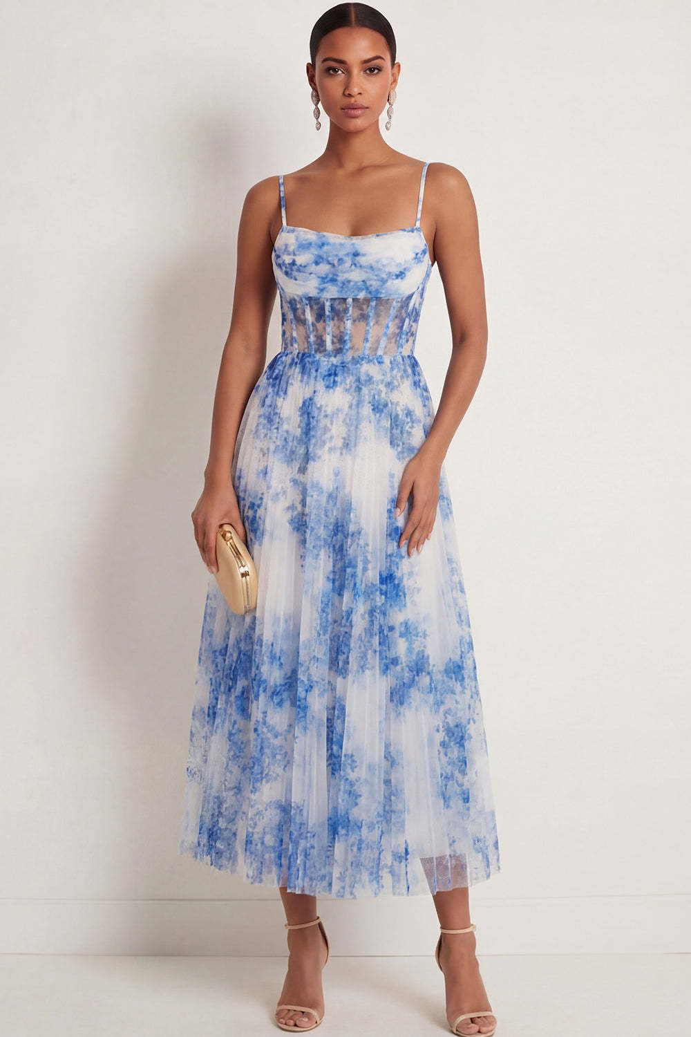 Leely Women White Blue Floral Corset Long Wedding Guest Dress Spaghetti Straps Backless Sleeveless Formal Dress