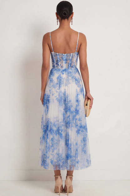 White Blue Floral Corset Spaghetti Straps Long Wedding Guest Dress