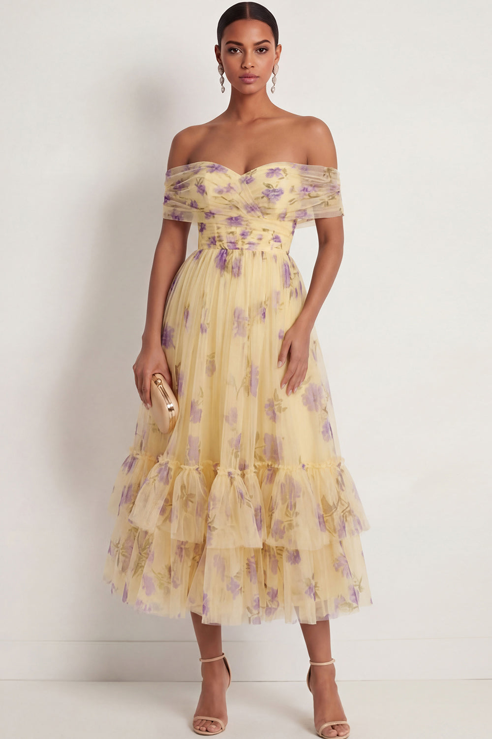 Yellow Floral Off the Shoulder A Line Maxi Wedding Guest Dress