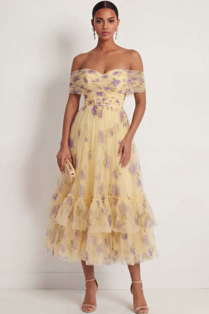 Leely Women Yellow Floral A Line Maxi Wedding Guest Dress Off the Shoulder Ruffled Sleeveless Backless Formal Dress