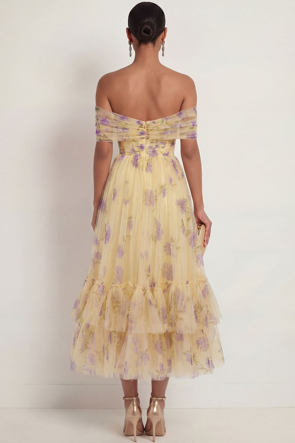 Yellow Floral Off the Shoulder A Line Maxi Wedding Guest Dress