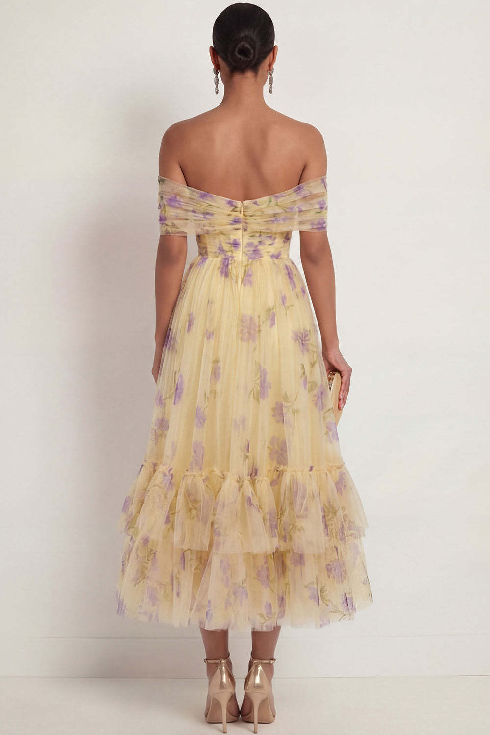Yellow Floral Off the Shoulder A Line Maxi Wedding Guest Dress