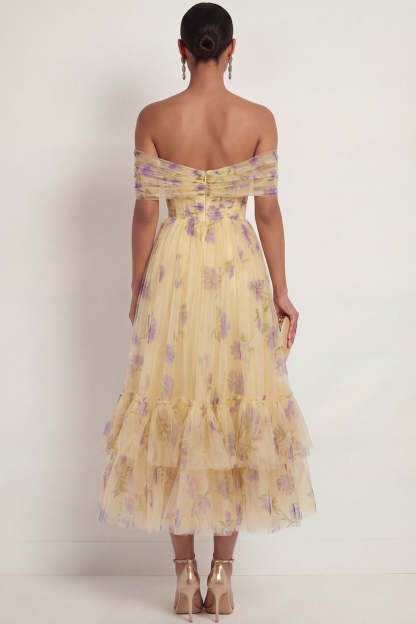 Yellow Floral Off the Shoulder A Line Maxi Wedding Guest Dress