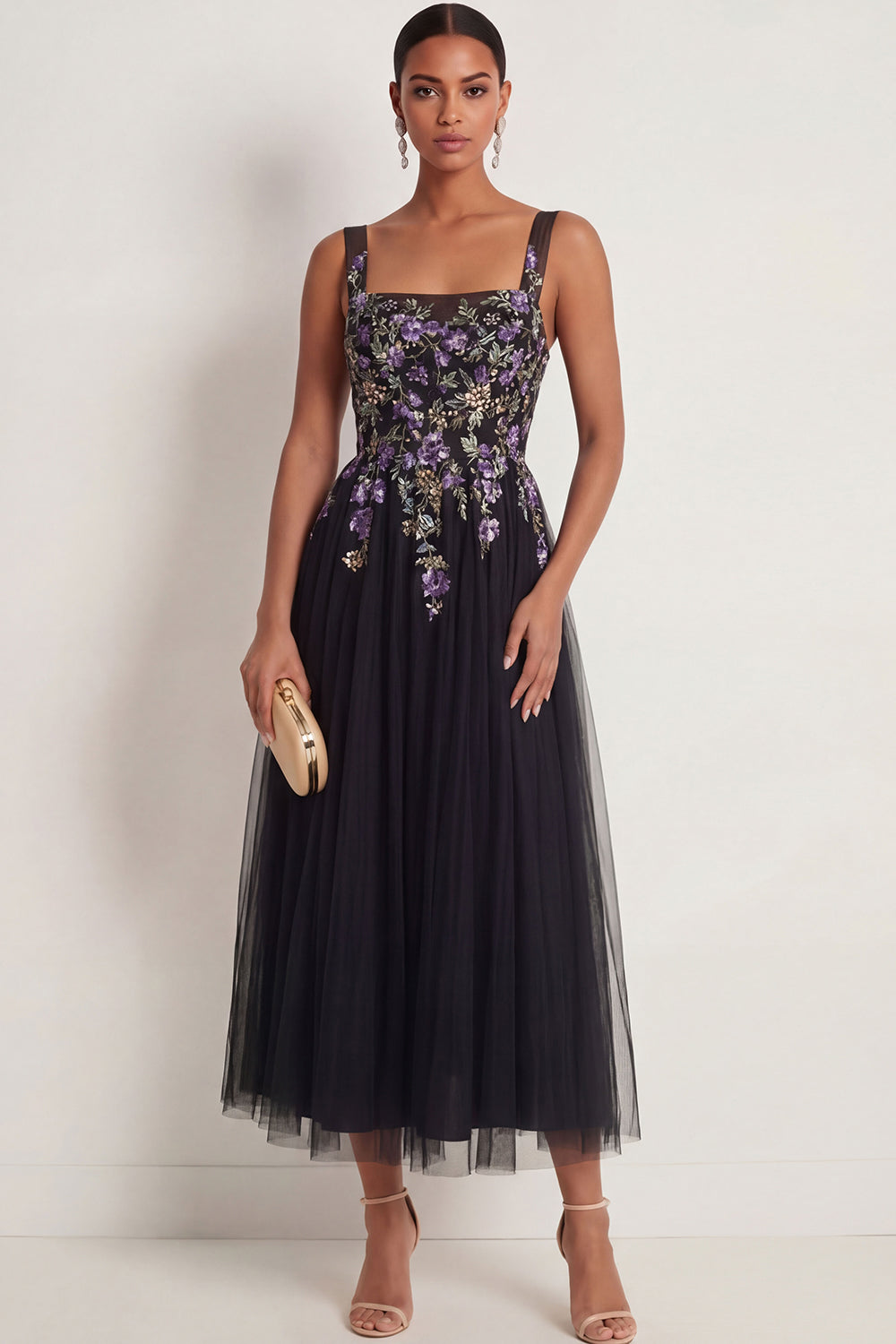 Leely Women Sparkly Sequined Floral Black Long Wedding Guest Dress A Line Thick Strapless Backless Sleeveless Formal Dress