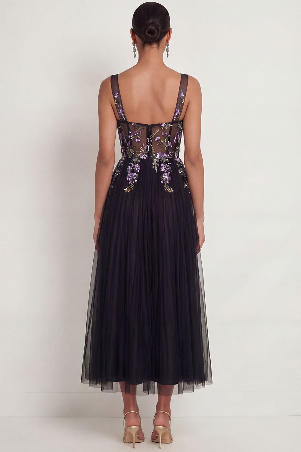 Sparkly Sequined Floral Black A Line Long Wedding Guest Dress