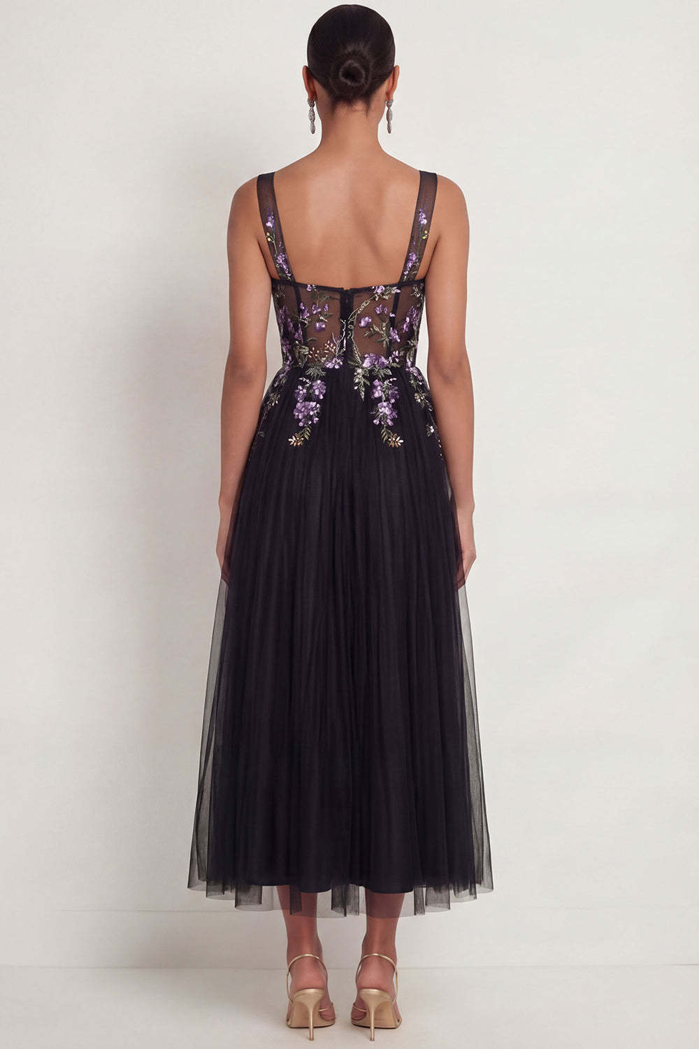 Sparkly Sequined Floral Black A Line Long Wedding Guest Dress