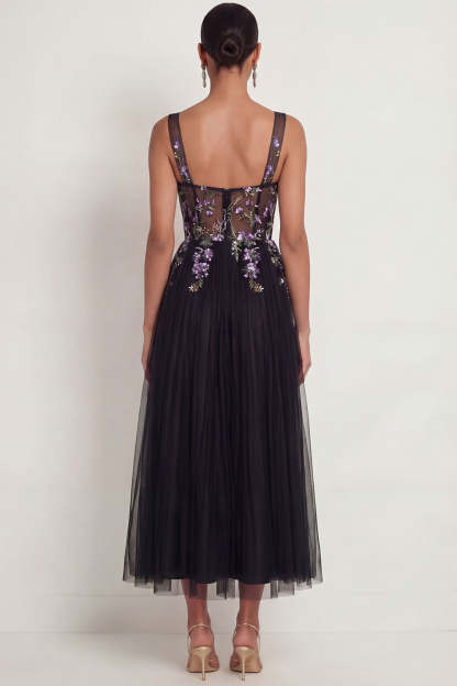 Sparkly Sequined Floral Black A Line Long Wedding Guest Dress