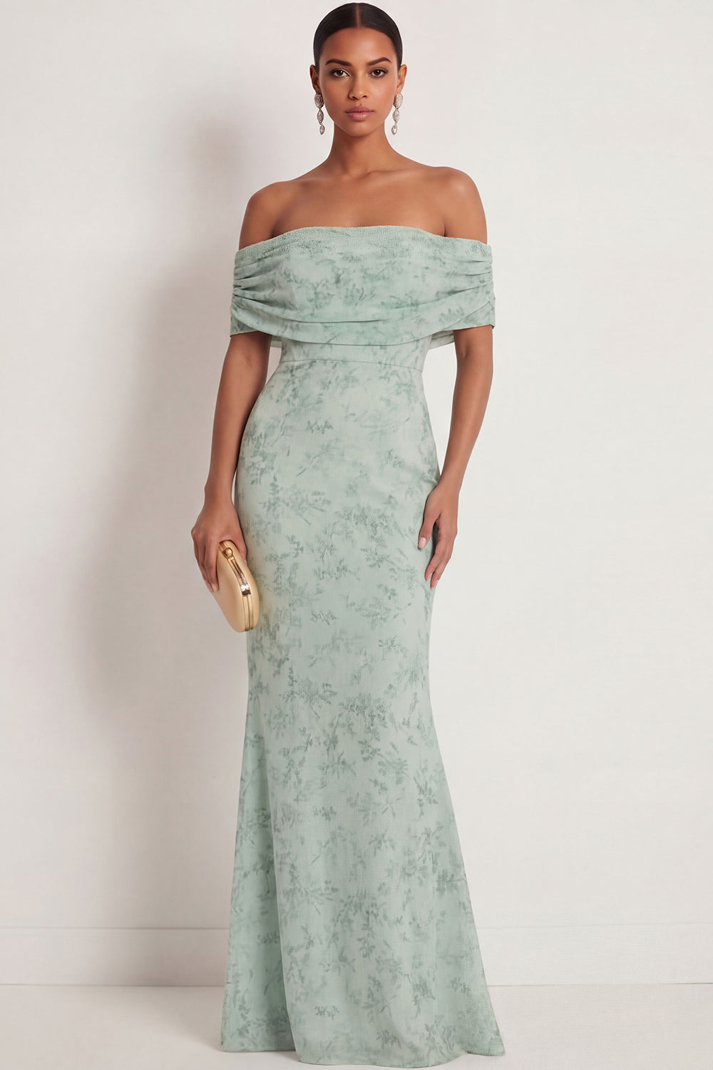 Dusty Sage Mermaid Floral Off the Shoulder Long Wedding Guest Dress