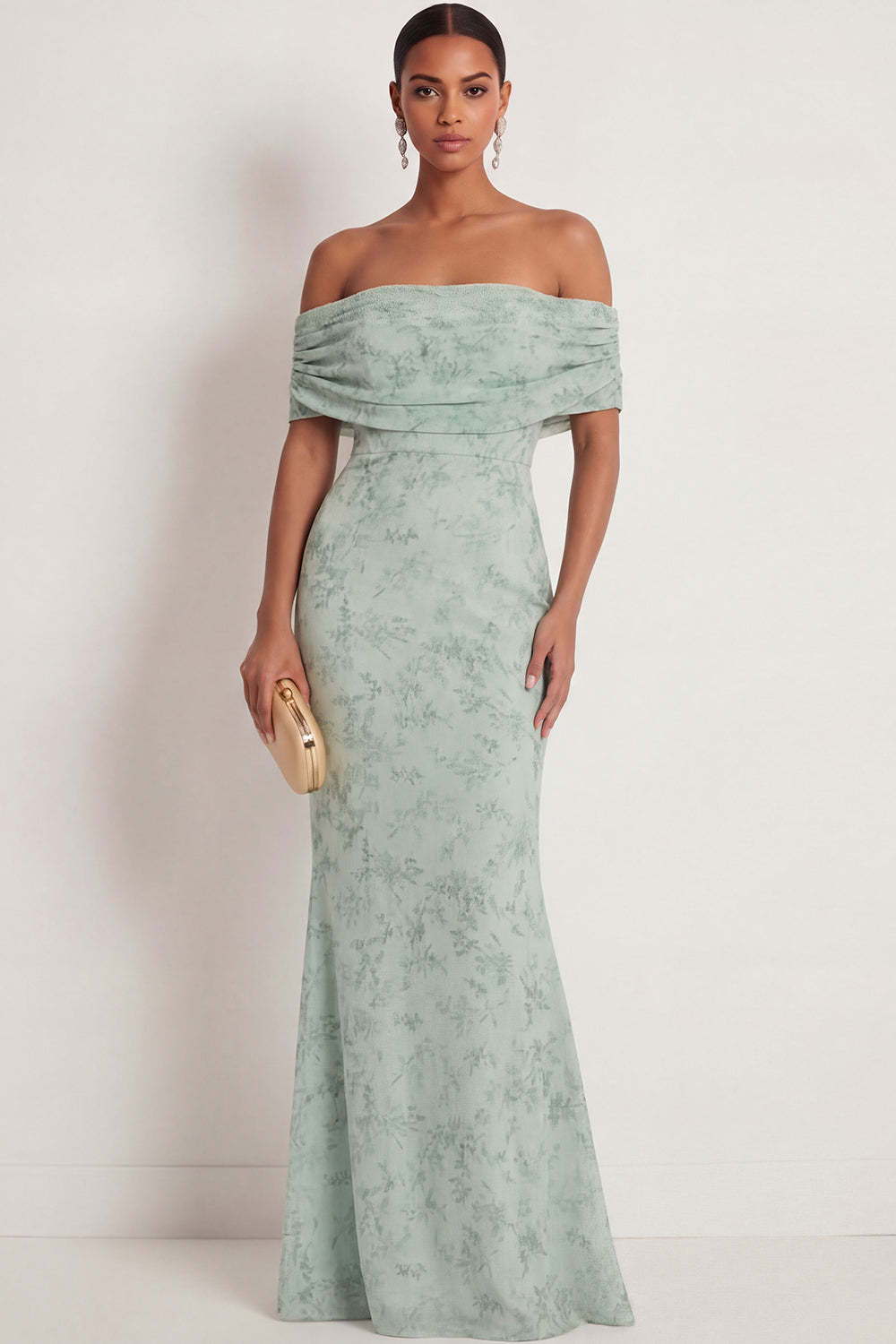 Leely Women Dusty Sage Mermaid Floral Long Wedding Guest Dress Off the Shoulder Chiffon Backless Formal Dress