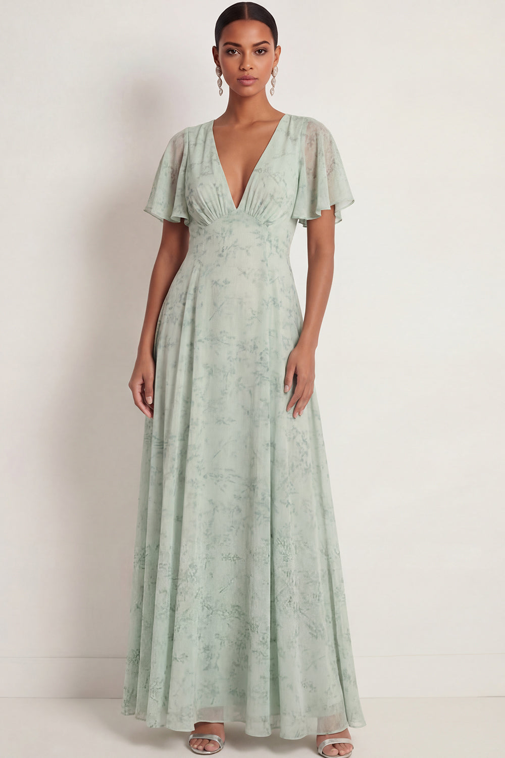 Leely Women Dusty Sage A Line Floral Chiffon Long Wedding Guest Dress V Neck Flutter Sleeveless Backless Formal Dress