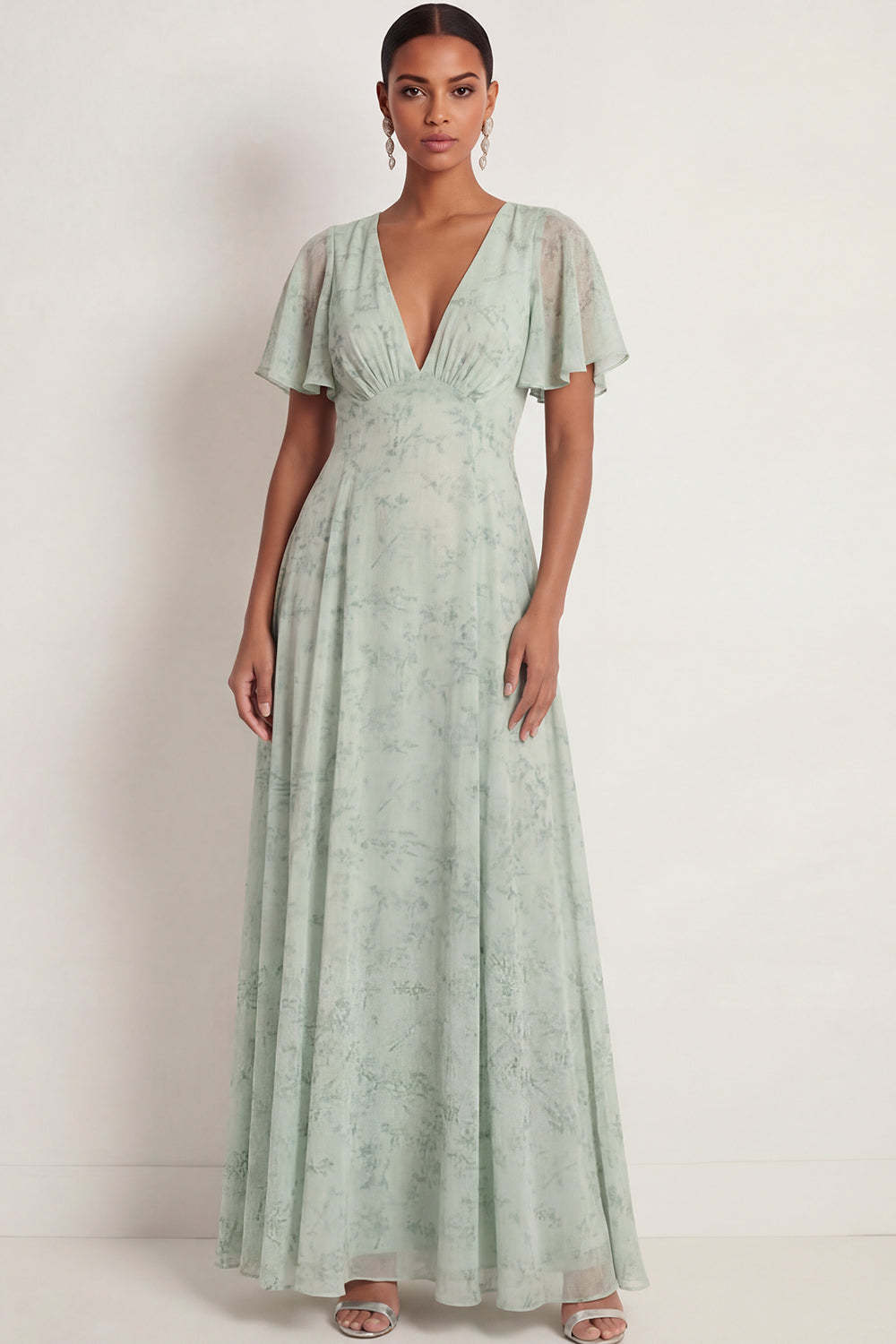 Leely Women Dusty Sage A Line Floral Chiffon Long Wedding Guest Dress V Neck Flutter Sleeveless Backless Formal Dress