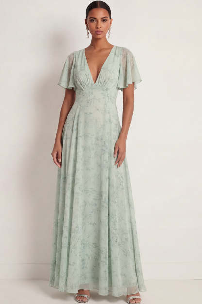 Leely Women Dusty Sage A Line Floral Chiffon Long Wedding Guest Dress V Neck Flutter Sleeveless Backless Formal Dress