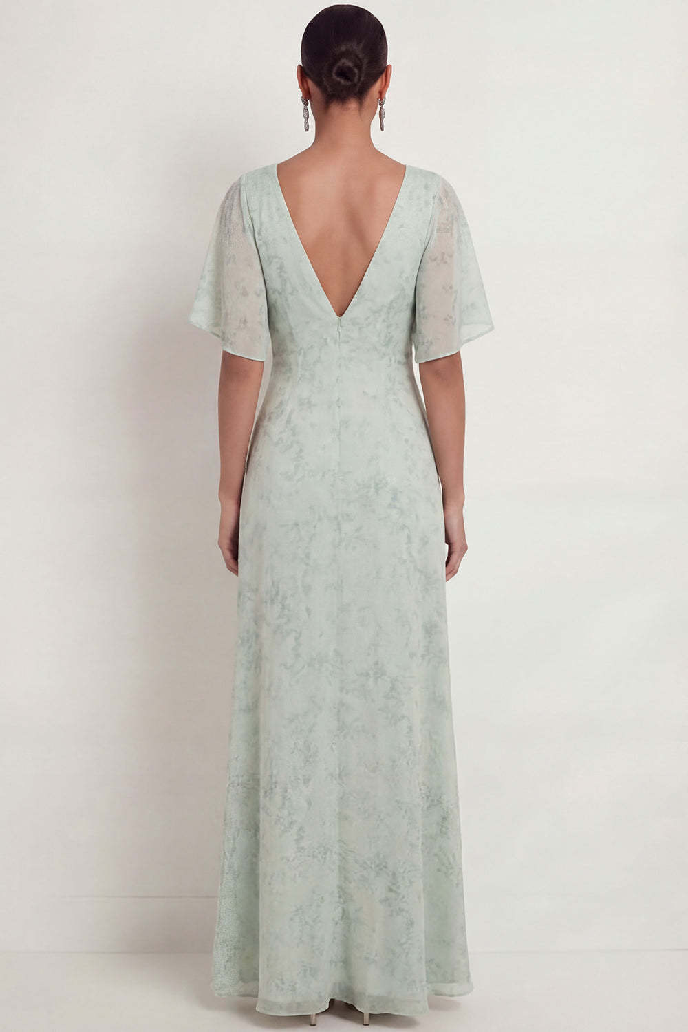 Dusty Sage V Neck A Line Floral Chiffon Long Wedding Guest Dress