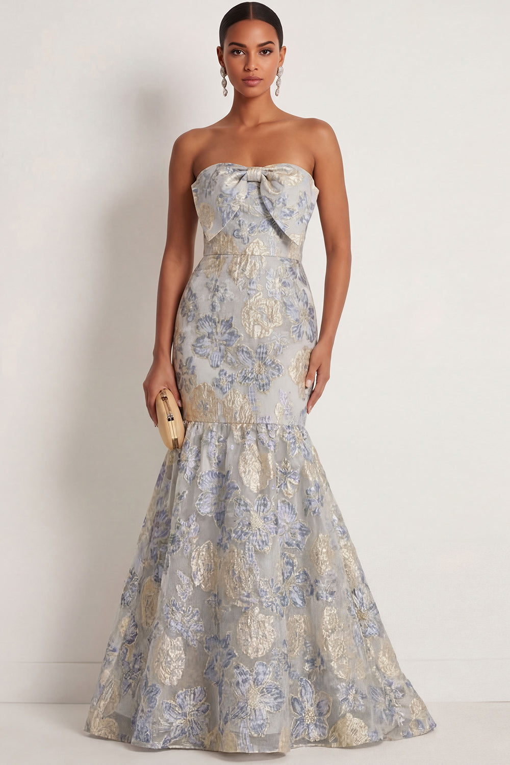 Dusty Blue Jacquard Floral Mermaid Strapless Long Formal Dress with Bow