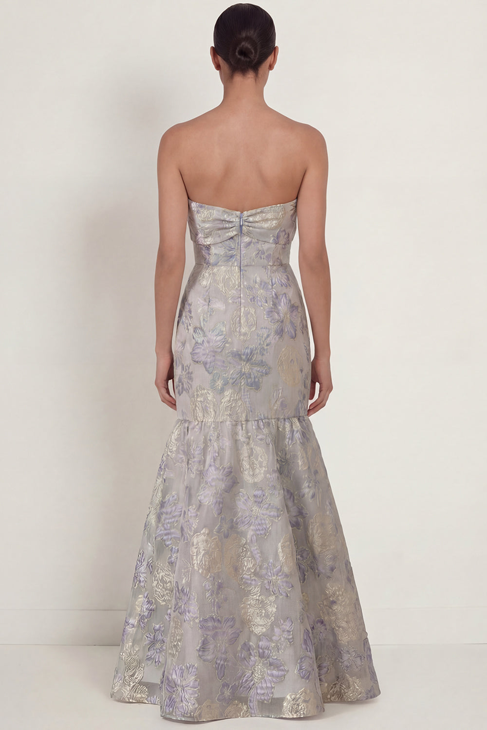Dusty Blue Jacquard Floral Mermaid Strapless Long Formal Dress with Bow