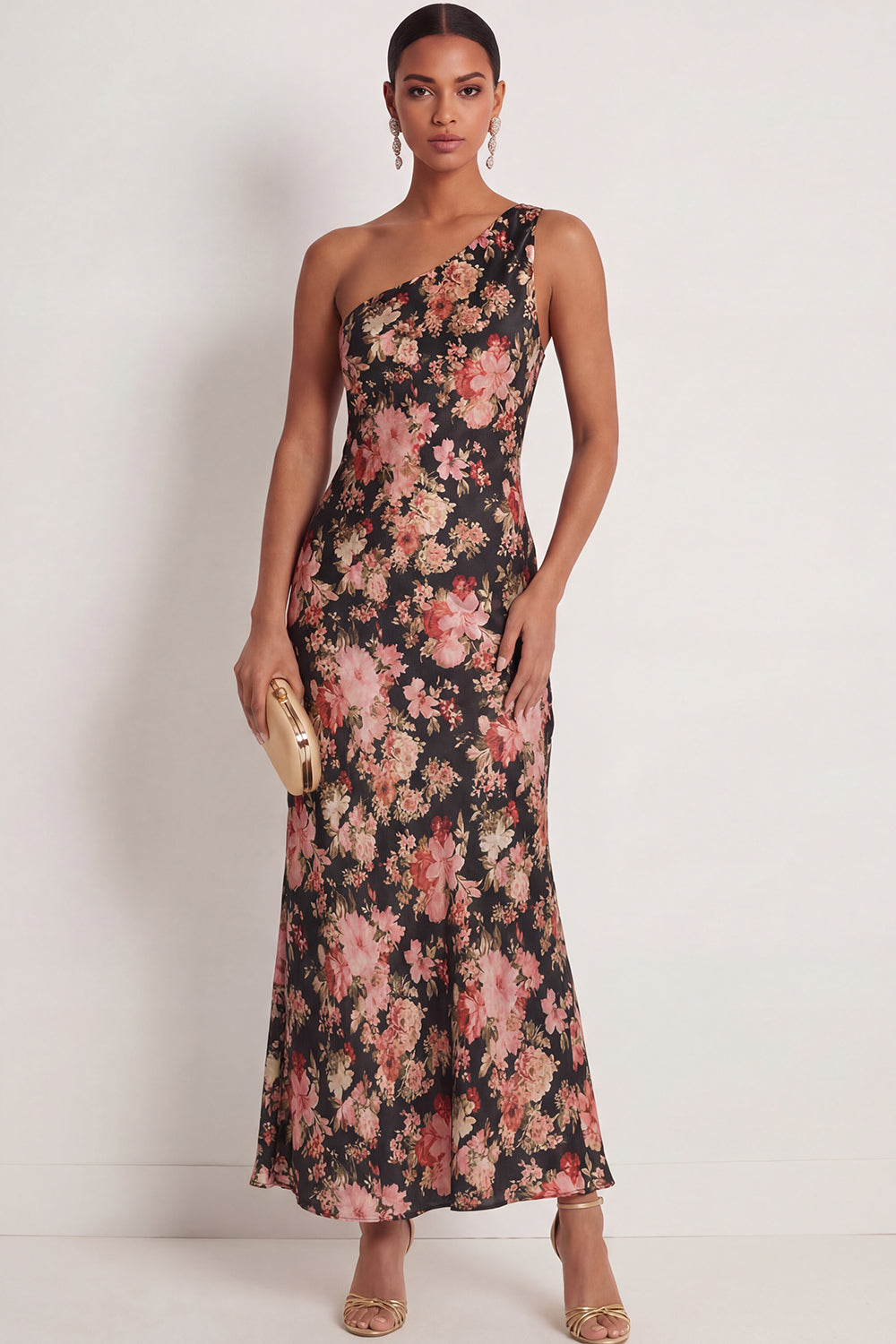 Black Pink Floral One Shoulder Sleeveless Long Wedding Guest Dress