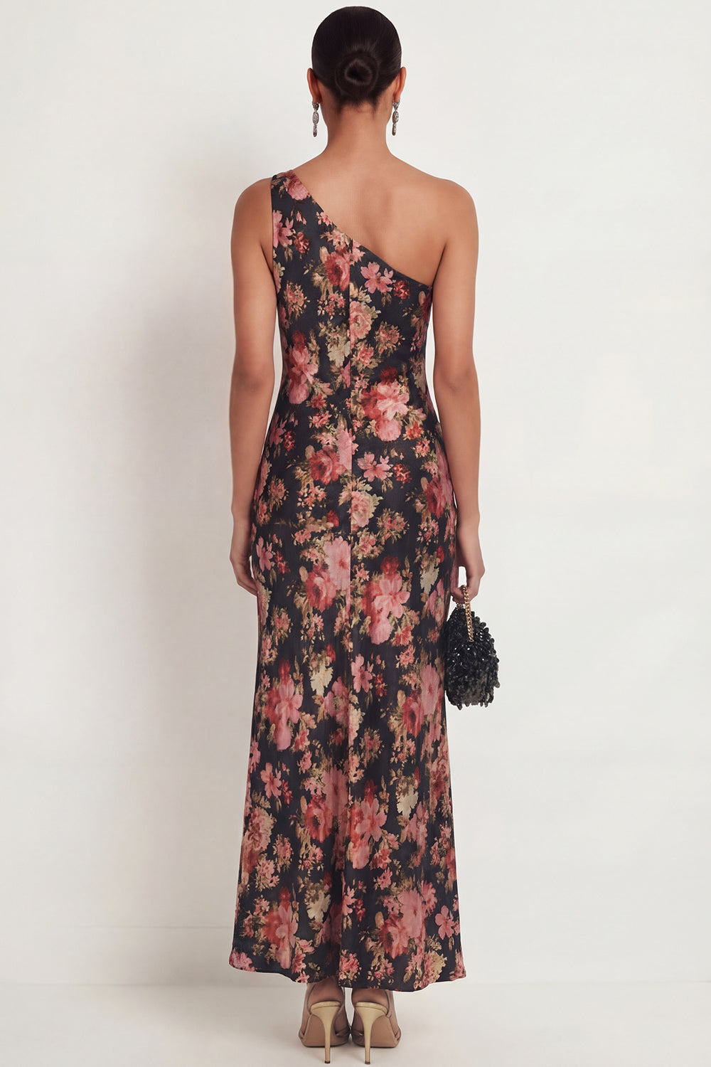 Black Pink Floral One Shoulder Sleeveless Long Wedding Guest Dress