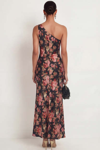 Black Pink Floral One Shoulder Sleeveless Long Wedding Guest Dress