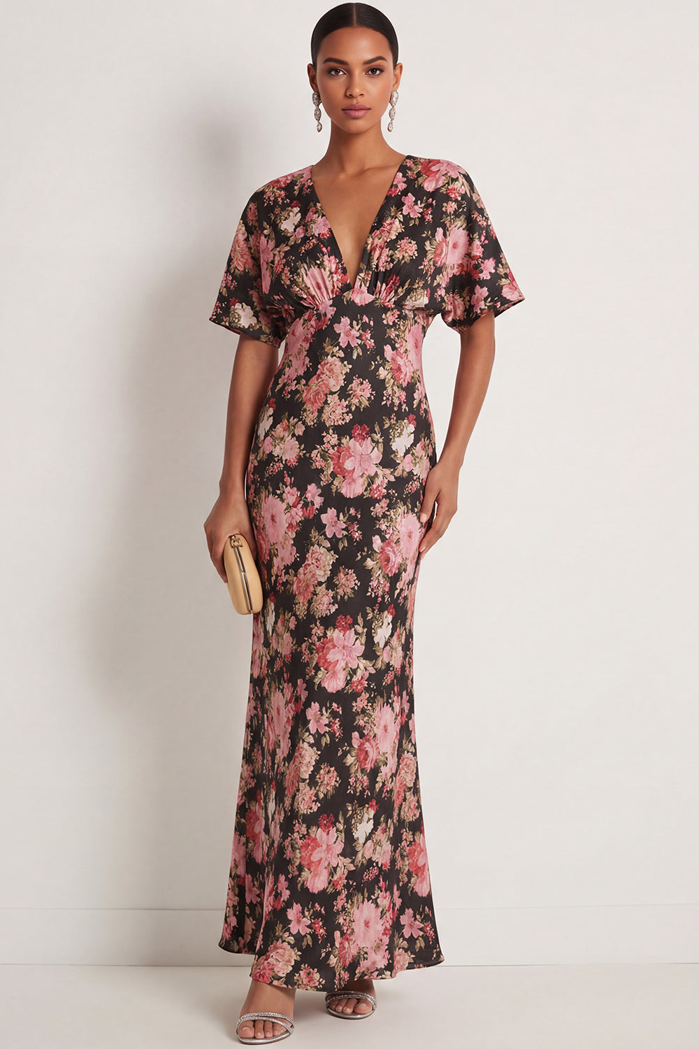 Leely Women Black Pink Floral Maxi Wedding Guest Dress with Short Sleeves Mermaid V Neck Backless Formal Dress