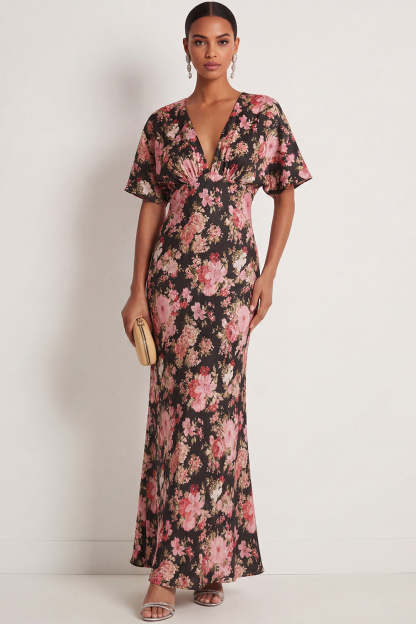 Leely Women Black Pink Floral Maxi Wedding Guest Dress with Short Sleeves Mermaid V Neck Backless Formal Dress