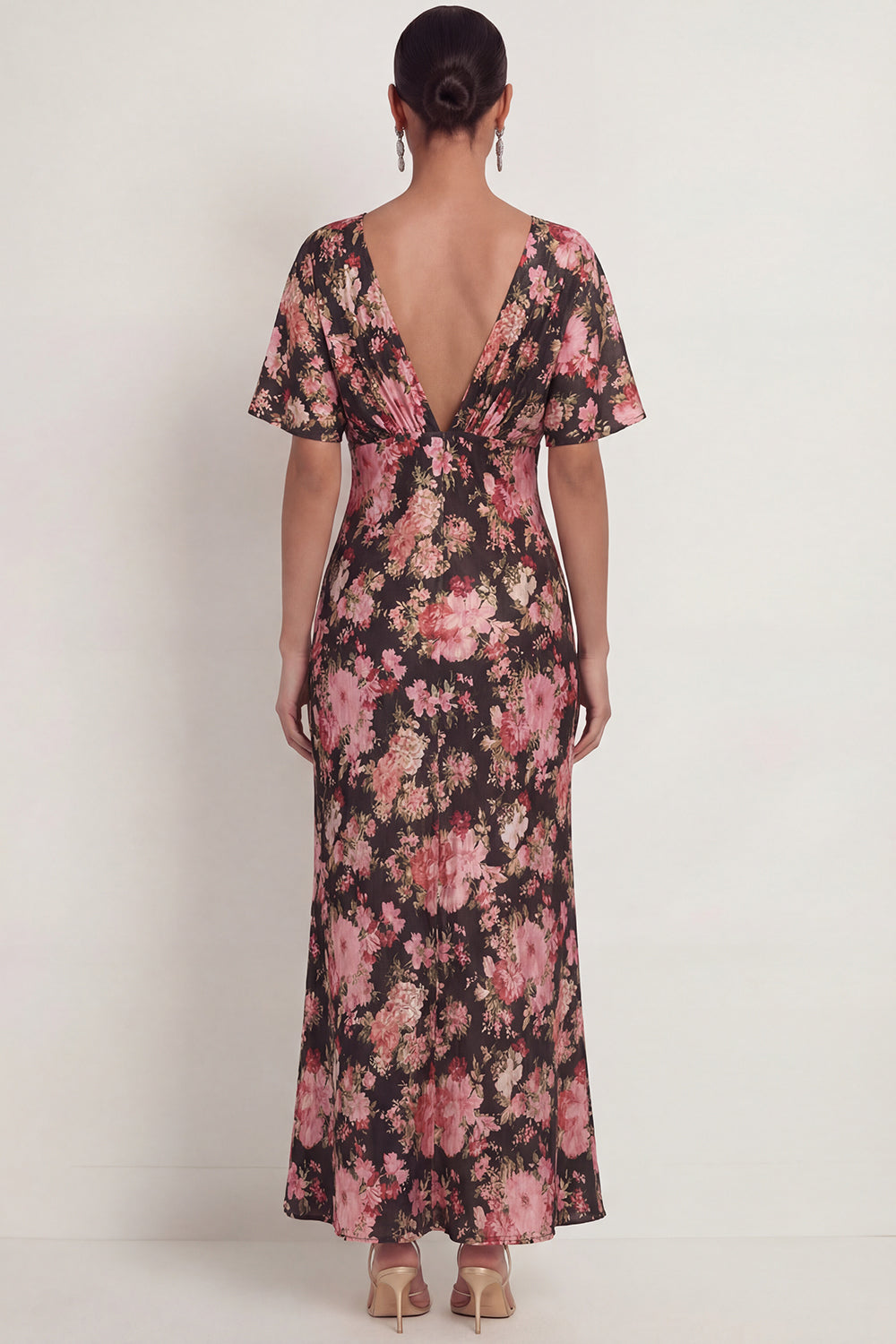 Black Pink Floral Mermaid V Neck Maxi Wedding Guest Dress with Sleeves