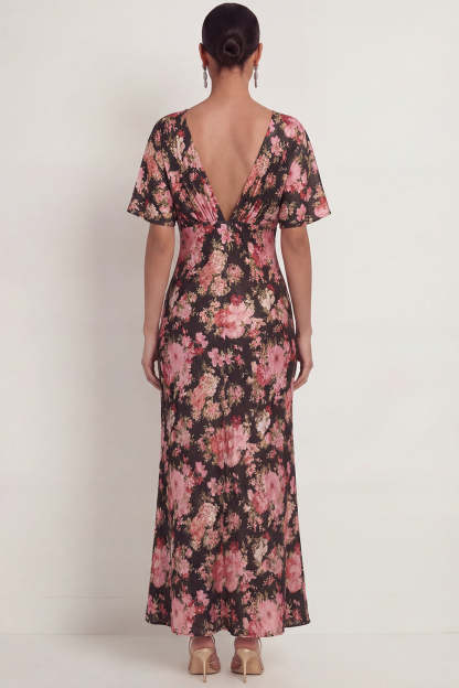 Black Pink Floral Mermaid V Neck Maxi Wedding Guest Dress with Sleeves