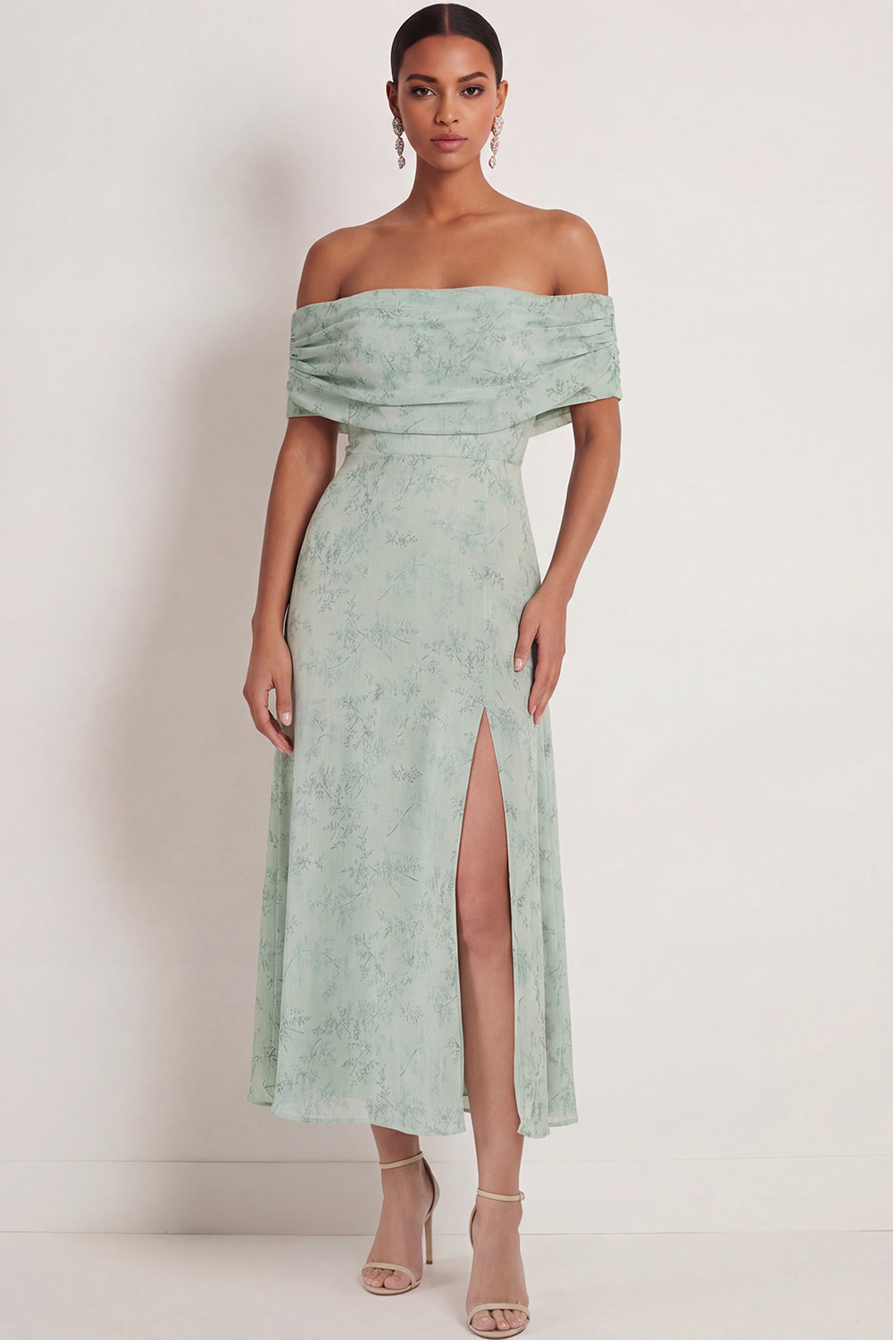 Leely Women Dusty Sage Sheath Floral Maxi Wedding Guest Dress with Slit Off the Shoulder Backless Sleeveless Formal Dress