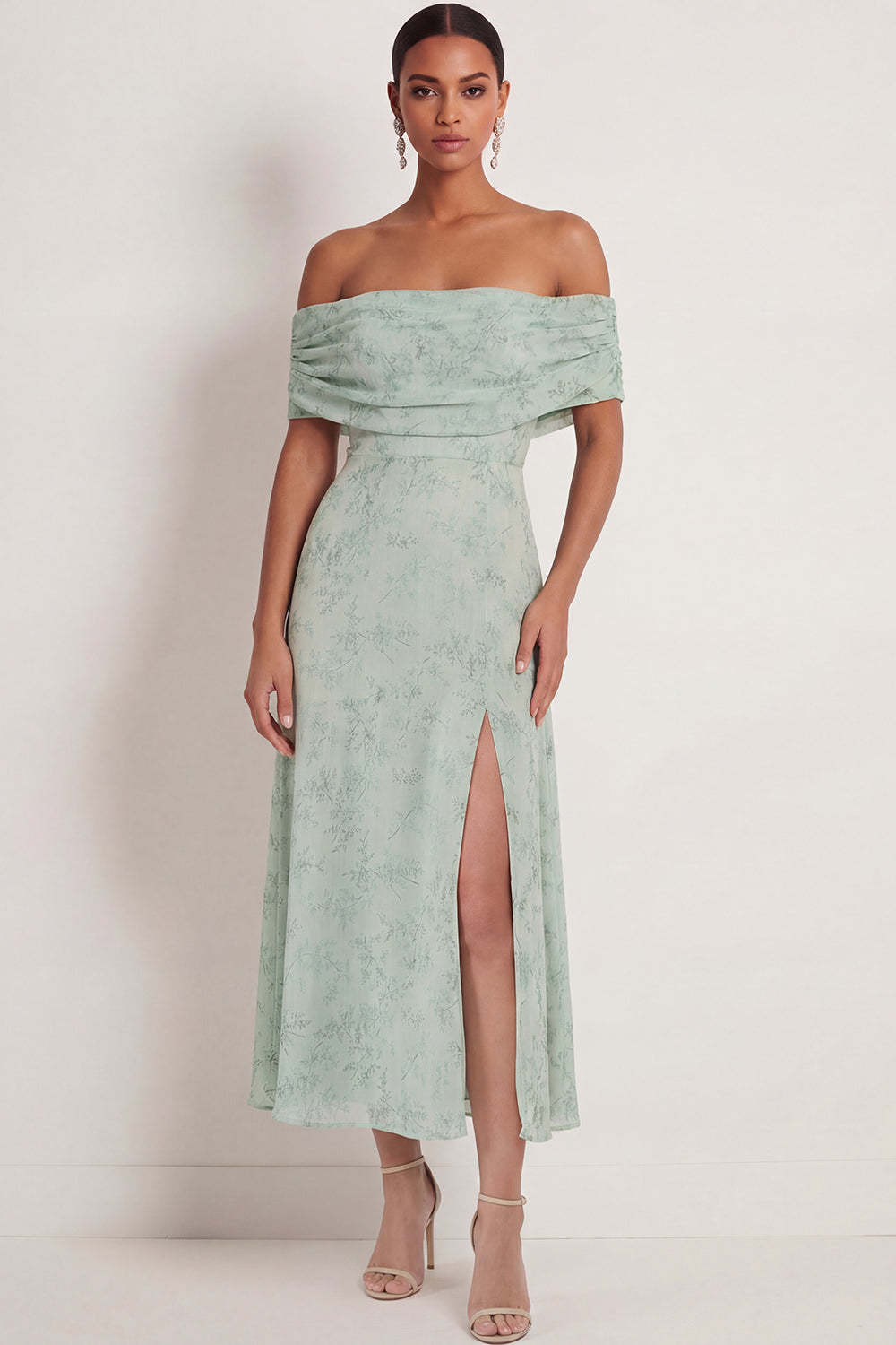 Leely Women Dusty Sage Sheath Floral Maxi Wedding Guest Dress with Slit Off the Shoulder Backless Sleeveless Formal Dress