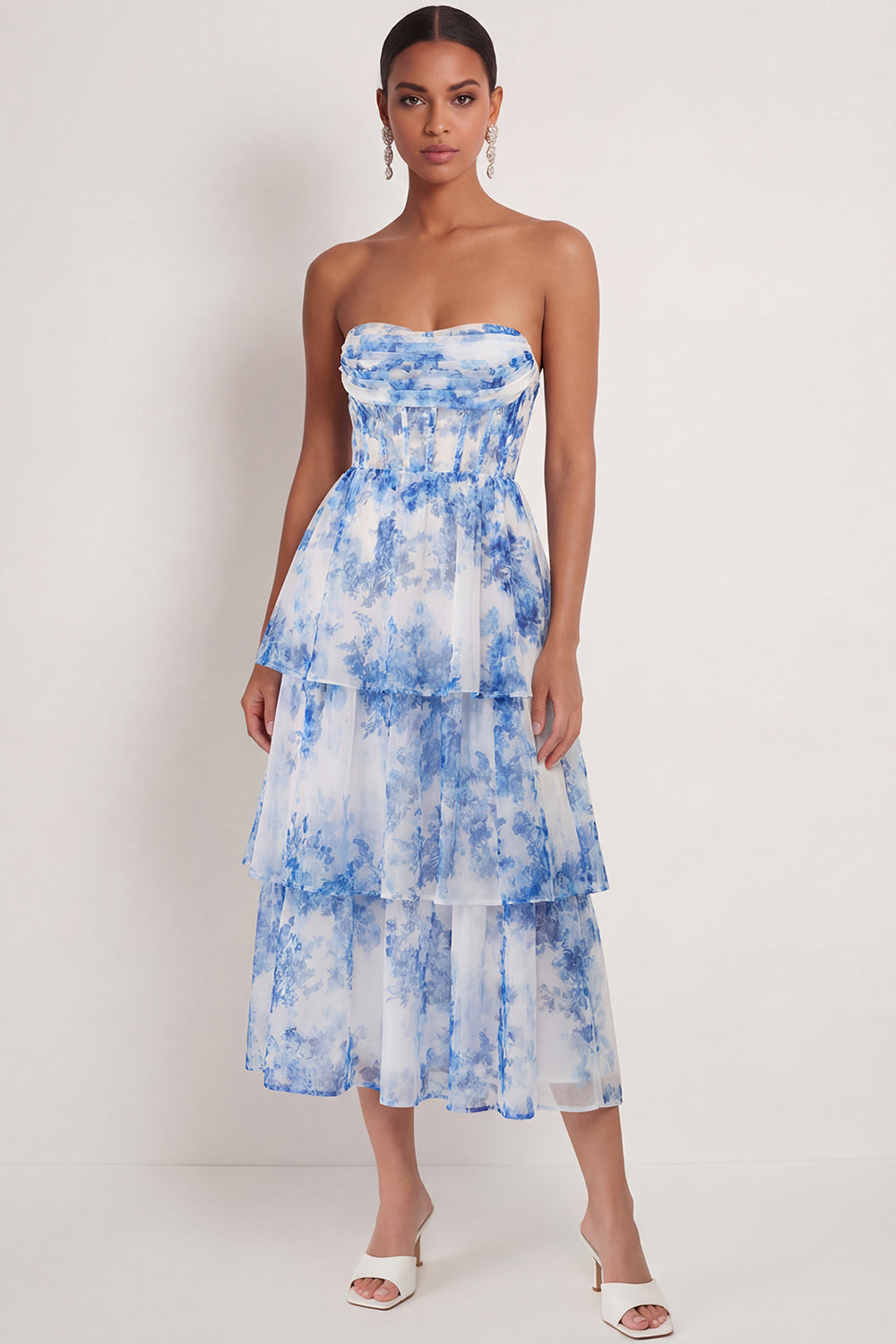 Leely Women White Blue Floral Corset A Line Maxi Wedding Guest Dress Ruffled Strapless Backless Formal Dress