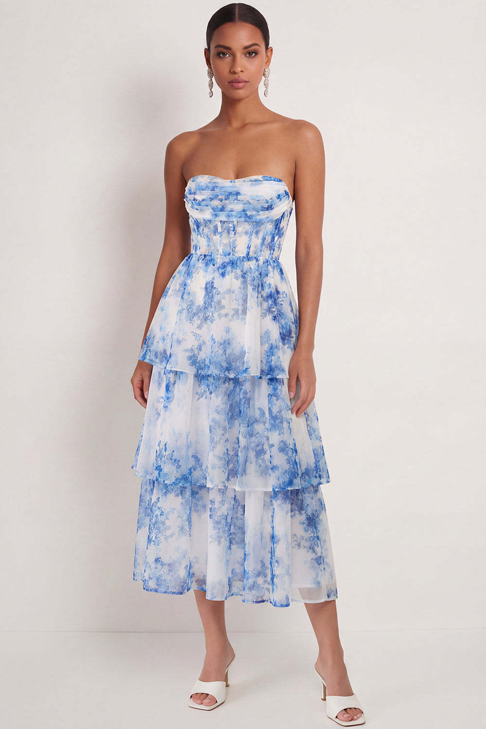 Leely Women White Blue Floral Corset A Line Maxi Wedding Guest Dress Ruffled Strapless Backless Formal Dress