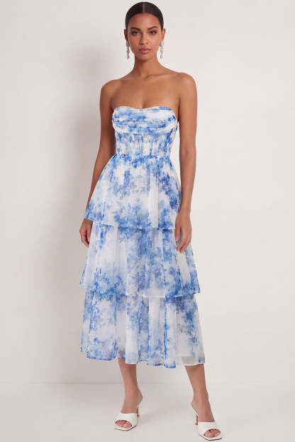 Leely Women White Blue Floral Corset A Line Maxi Wedding Guest Dress Ruffled Strapless Backless Formal Dress