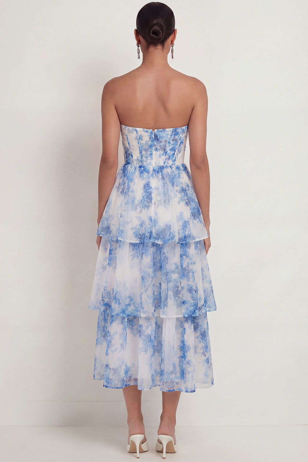 White Blue Floral Corset A Line Ruffled Midi Wedding Guest Dress