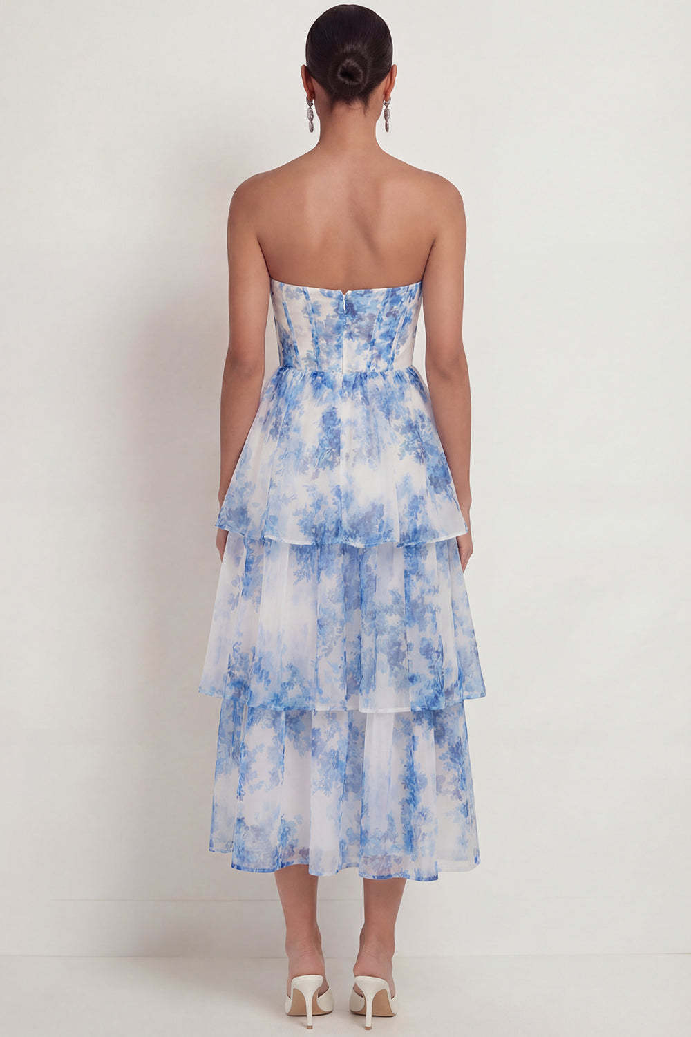 White Blue Floral Corset A Line Ruffled Midi Wedding Guest Dress