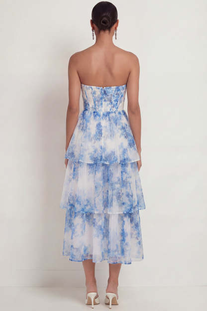 White Blue Floral Corset A Line Ruffled Midi Wedding Guest Dress