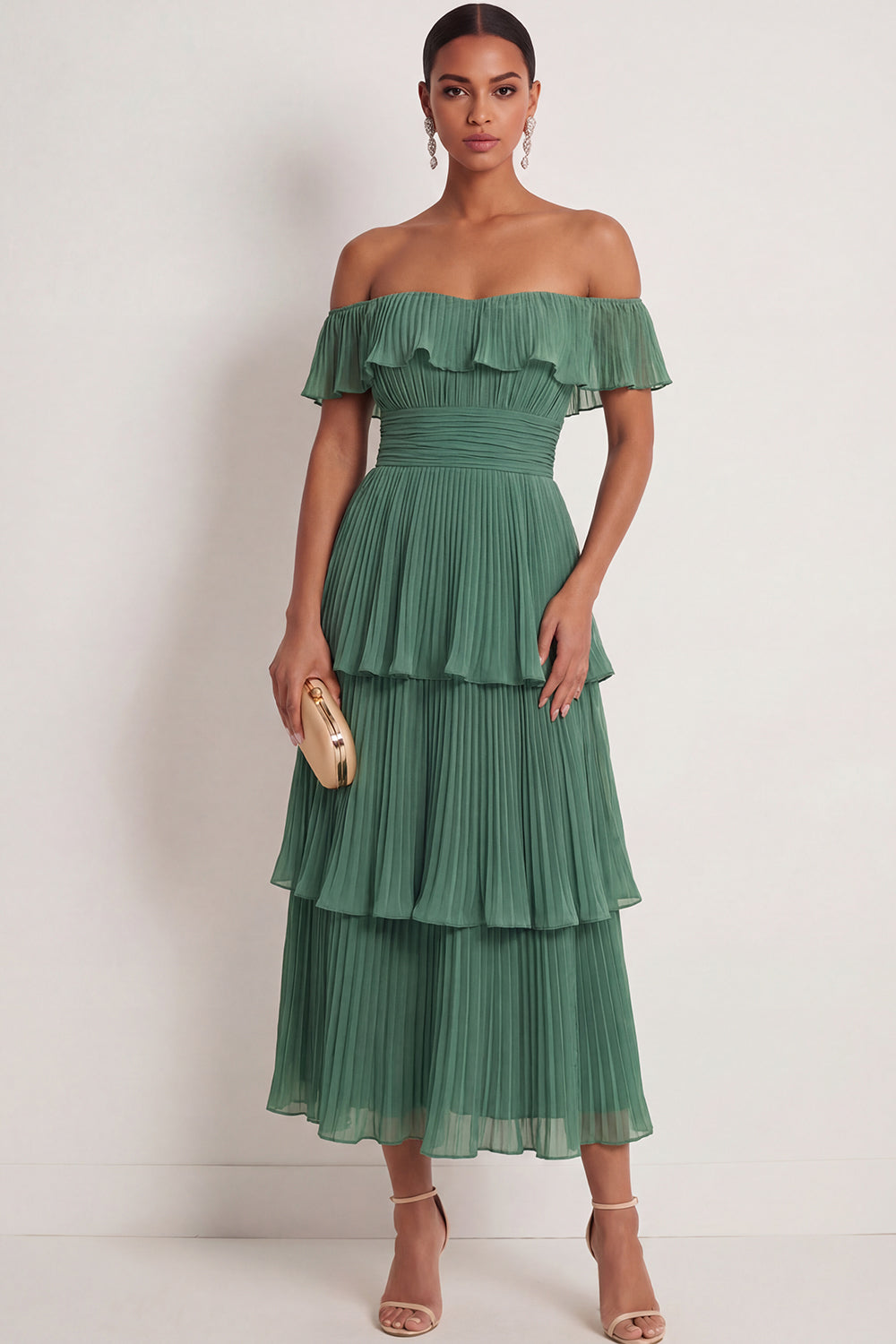 Leely Women Eucalyptus A Line Ruffled Maxi Wedding Guest Dress Off the Shoulder Backless Chiffon Pleated Formal Dress