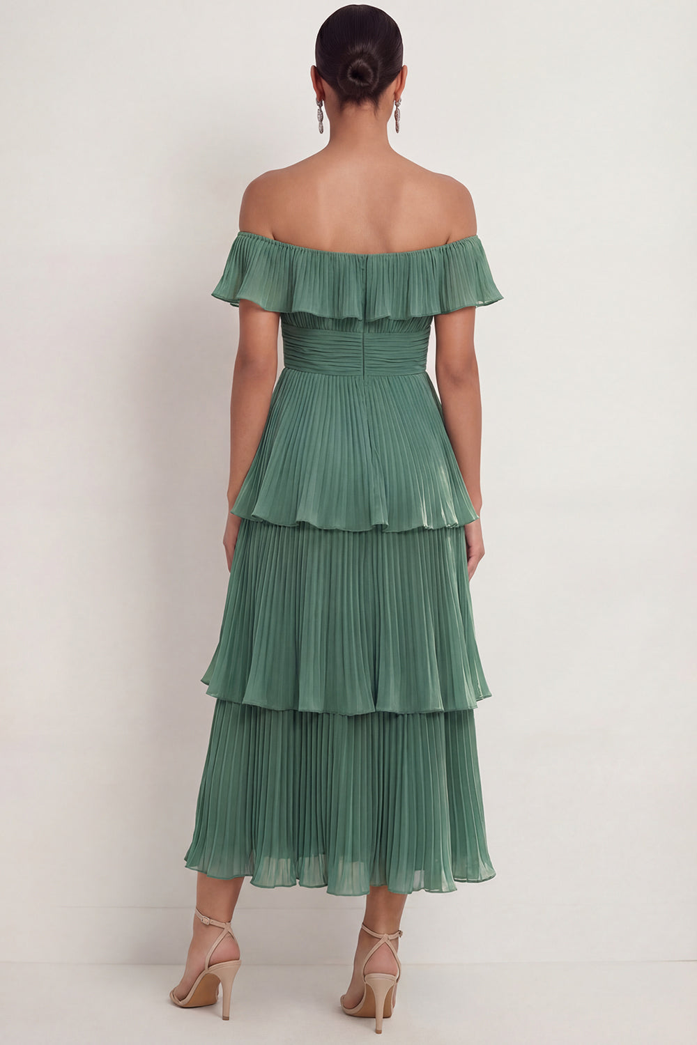 Eucalyptus Chiffon A Line Off the Shoulder Ruffled Maxi Wedding Guest Dress