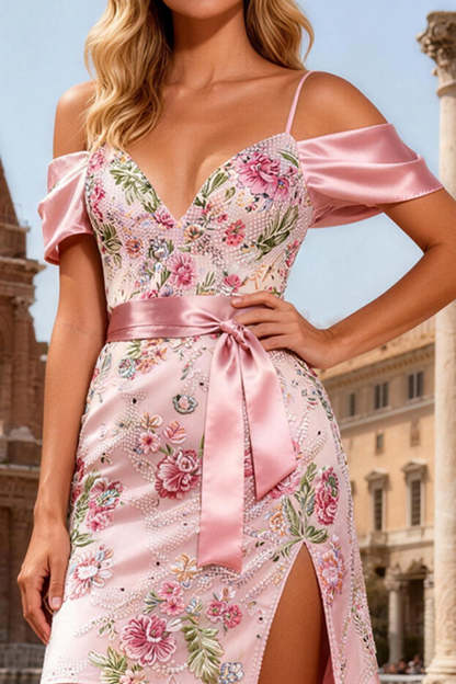 Sparkly Pink Cold Shoulder Floral Short A-Line Prom Dress with Sash