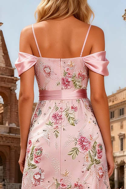 Sparkly Pink Cold Shoulder Floral Short A-Line Prom Dress with Sash
