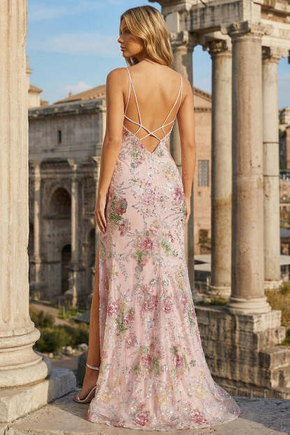 Sparkly Pink Floral Sequin Maxi Prom Dress with Embroidery
