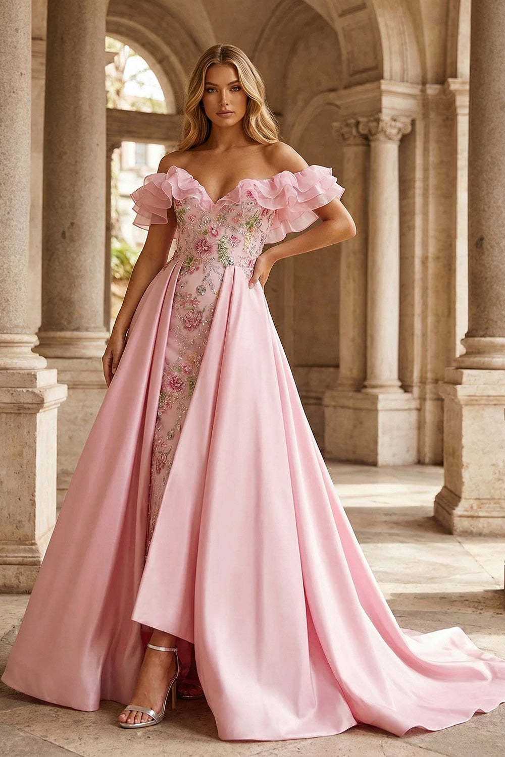 Sparkly Pink Floral Sequin Mermaid Ruffled Maxi Prom Dress with Cape