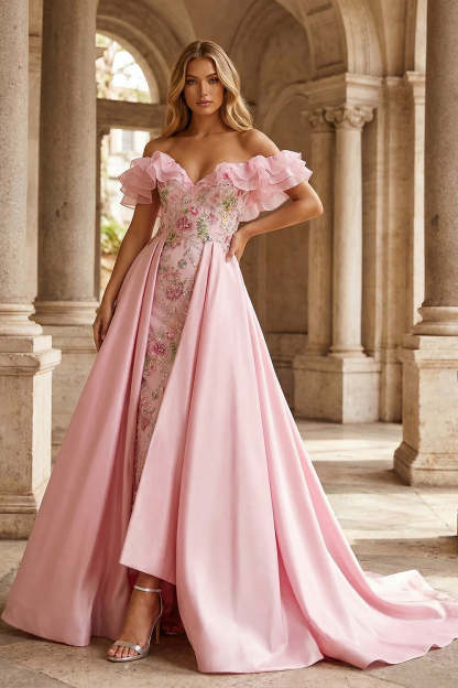 Sparkly Pink Floral Sequin Mermaid Ruffled Maxi Prom Dress with Cape