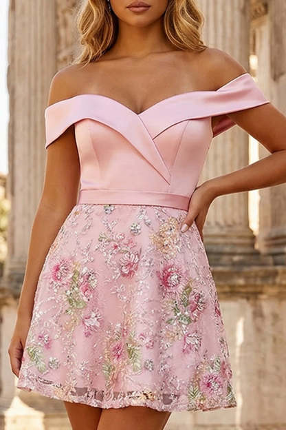 Pink Floral Sparkly Sequin Off the Shoulder Short Prom Dress with Embroidery
