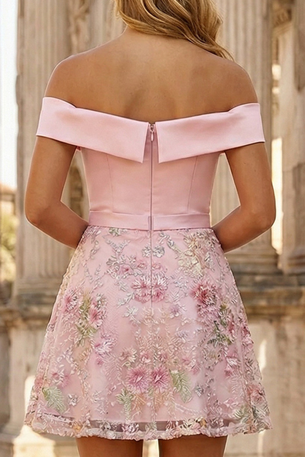 Pink Floral Sparkly Sequin Off the Shoulder Short Prom Dress with Embroidery