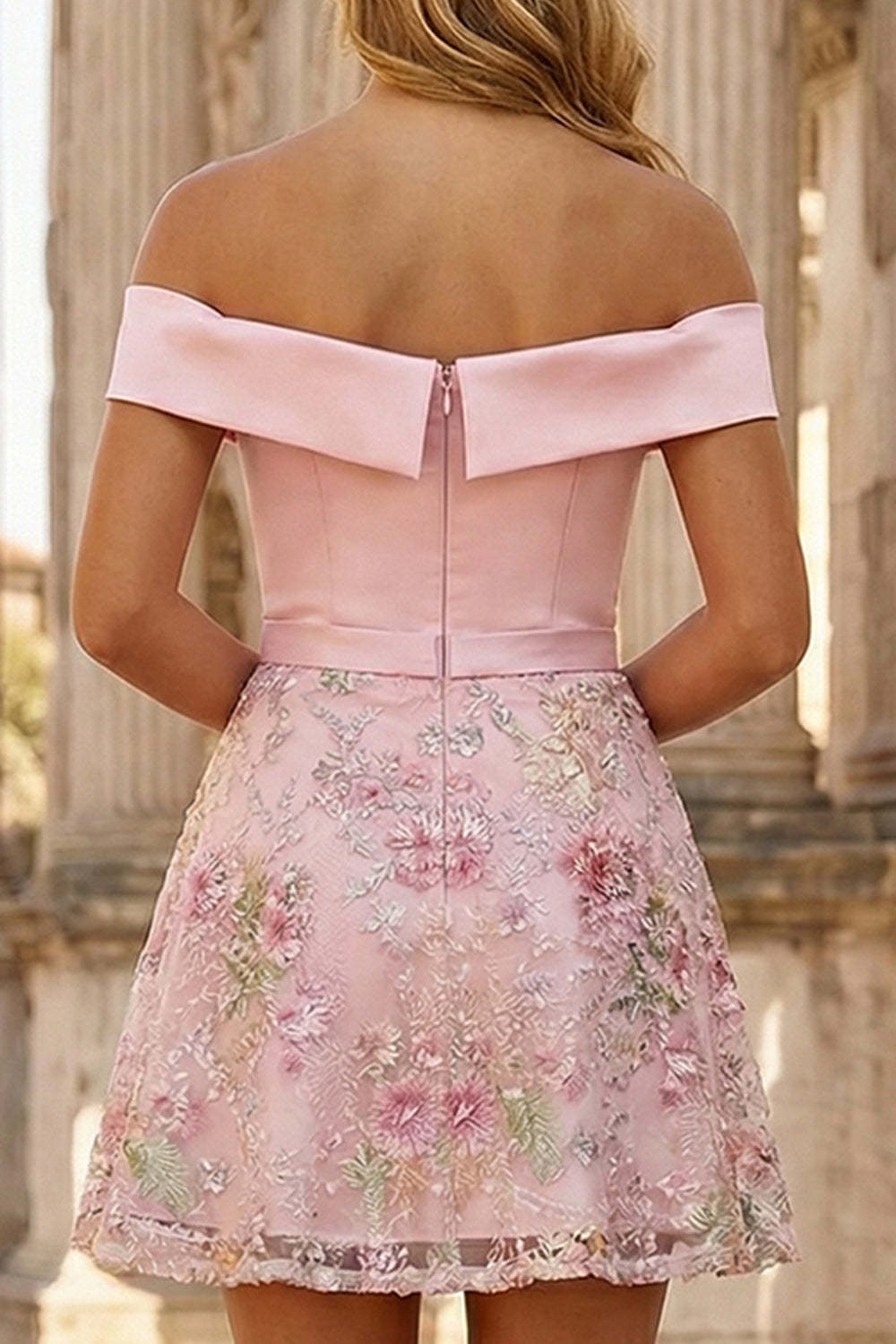 Pink Floral Sparkly Sequin Off the Shoulder Short Prom Dress with Embroidery