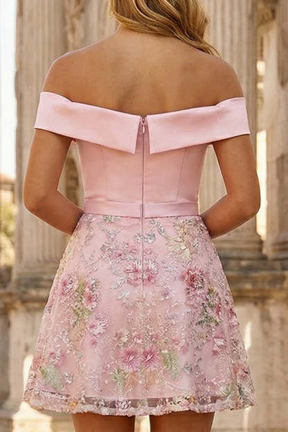 Pink Floral Sparkly Sequin Off the Shoulder Short Prom Dress with Embroidery