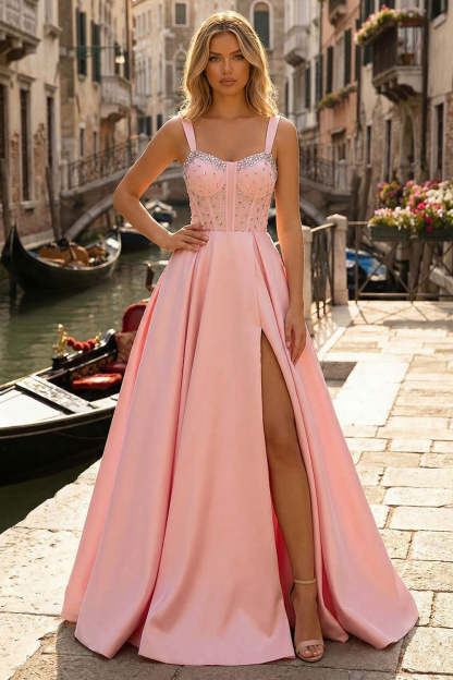 Leely Women Pink Long Sparkly Corset Prom Dress with Slit Thick Straps Beaded A-Line Formal Dress