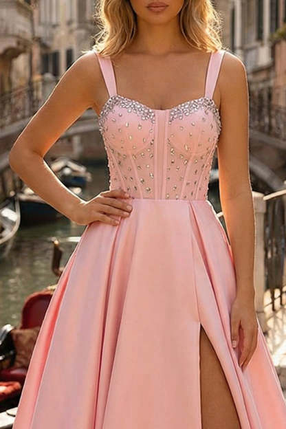 Sparkly Pink A-Line Thick Straps Beaded Long Corset Prom Dress with Slit