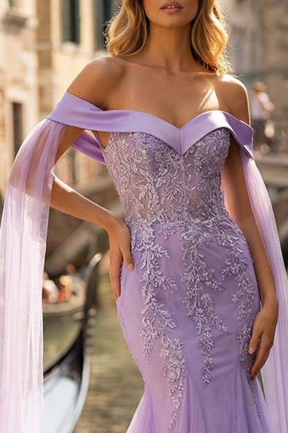 Sparkly Lilac Tulle Appliqued Off the Shoulder Long Mermaid Prom Dress with Cape